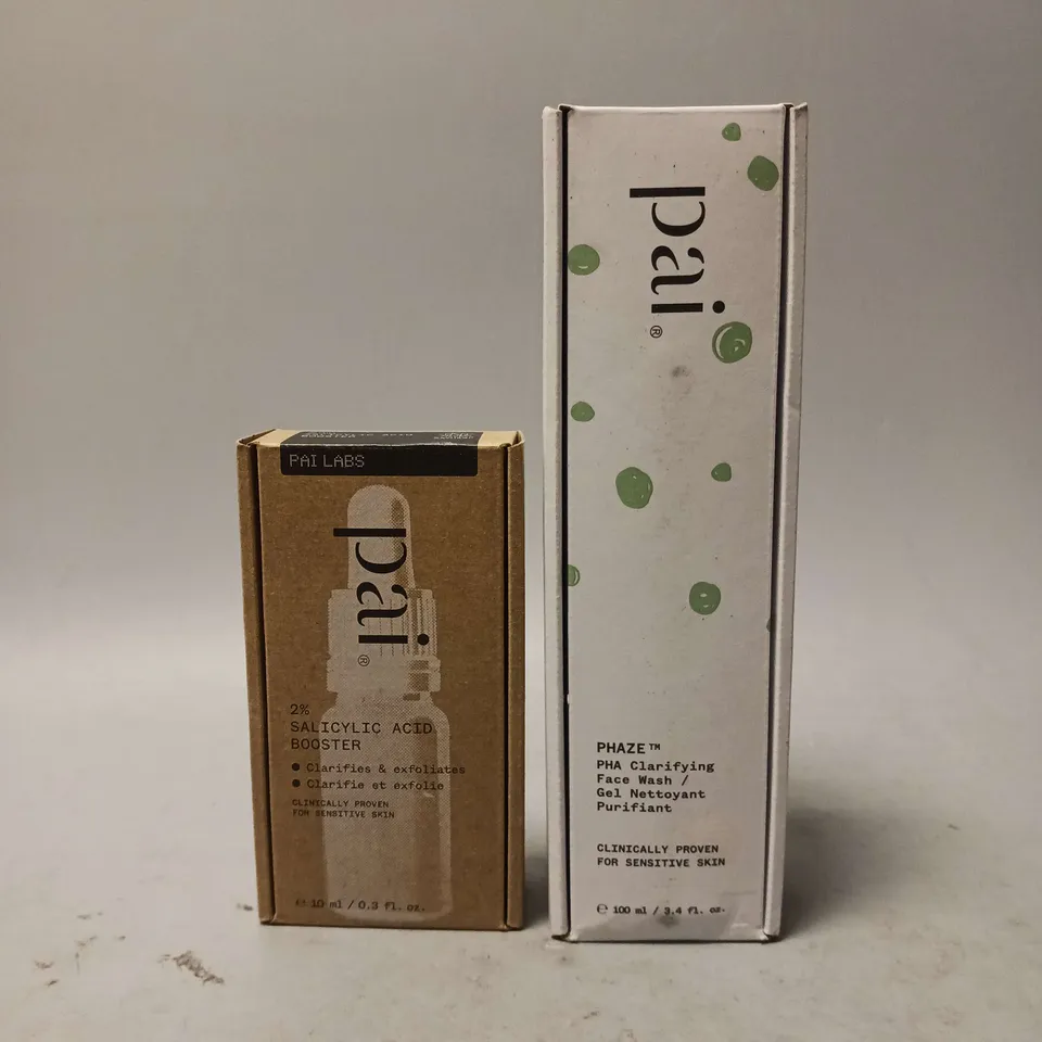 BOXED AND SEALED SET OF 2 PAI HEALTH AND BEAUTY ITEMS TO INCLUDE 2% SALICYLIC ACID BOOSTER (10ML) AND PHAZE PHA CLARIFYING FACE WASH (100ML).