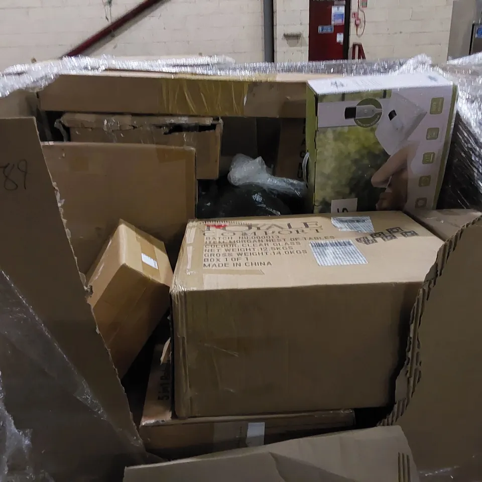 PALLET TO CONTAIN ASSORTED HOUSEHOLD ITEMS AND CONSUMER PRODUCTS. INCLUDING DEHUMIDIFIER, BABY BOOSTER, GARMENT STEAMER, CAT LITTER BOX, UNDER BLANKET ETC