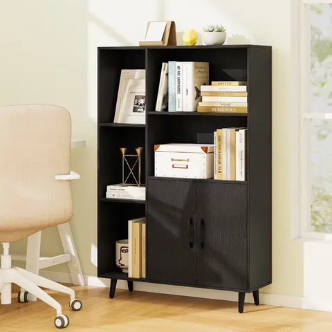 BOXED BOOKCASE WITH 5 OPEN COMPARTMENTS AND STORAGE CABINET - BLACK (1 BOX)