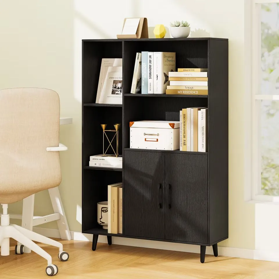 BOXED BOOKCASE WITH 5 OPEN COMPARTMENTS AND STORAGE CABINET - BLACK (1 BOX)