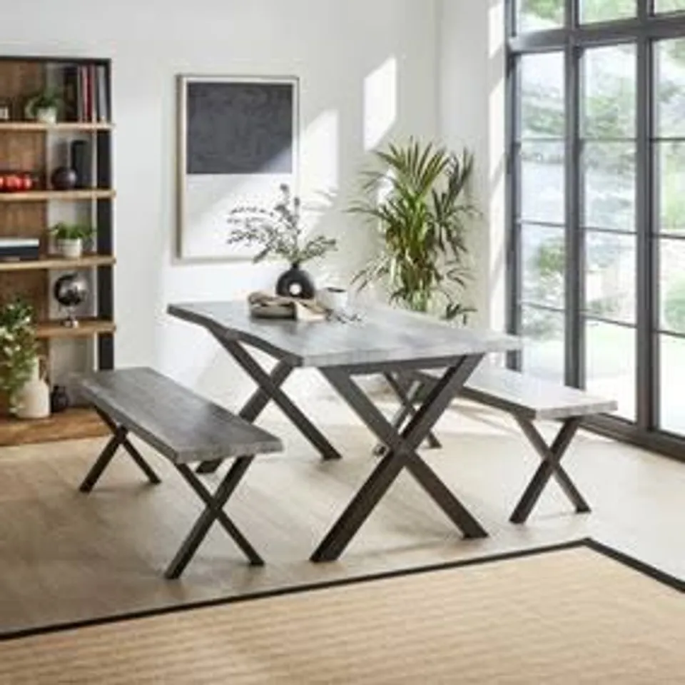 BOXED EZRA 6 SEATER RECTANGULAR DINING TABLE WITH 2 BENCHES (2 BOXES)