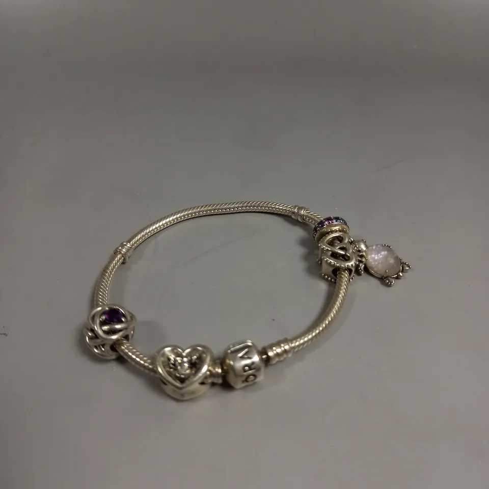 PANDORA CHARM BRACELET WITH ASSORTED CHARMS 