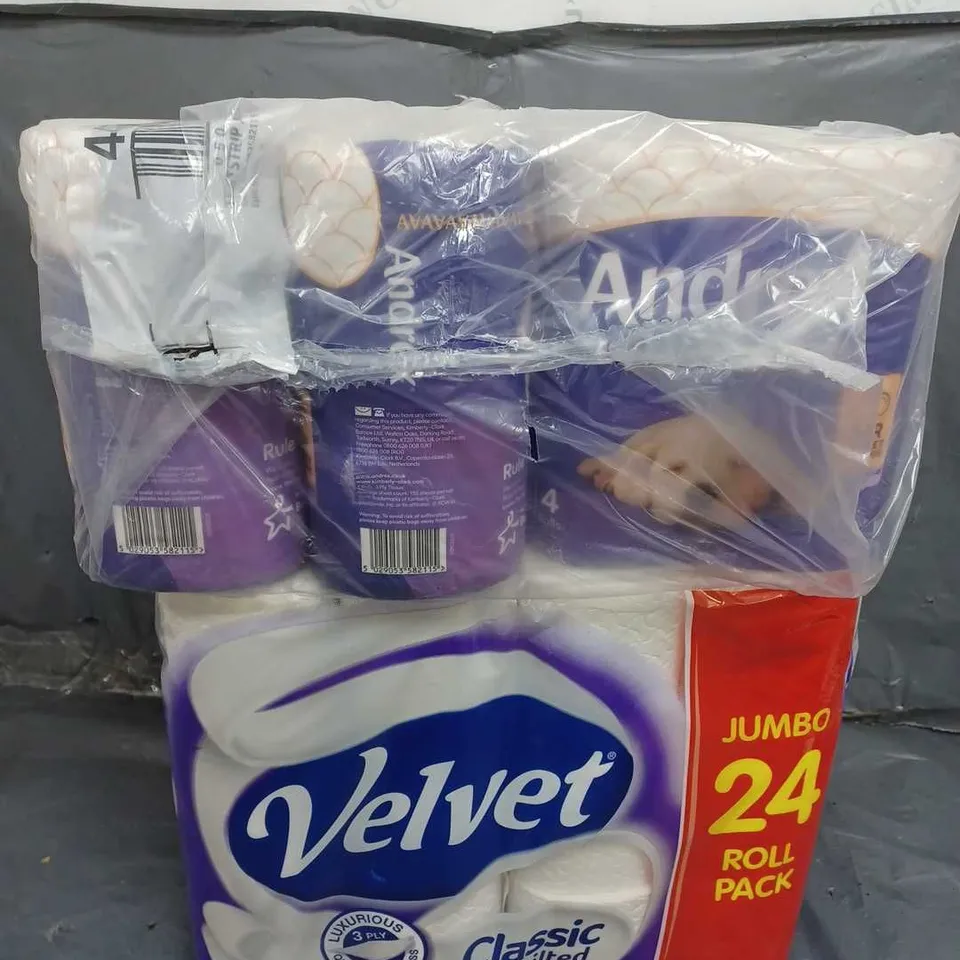 APPROXIMATELY 30 TOILET ROLLS TO INCLUDE ANDREX & VELVET