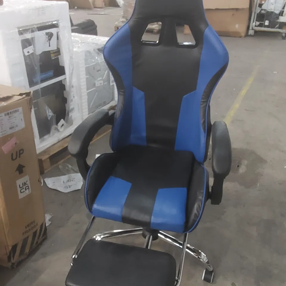 DESIGNER BLUE/BLACK GAMING CHAIR WITH FOOTREST