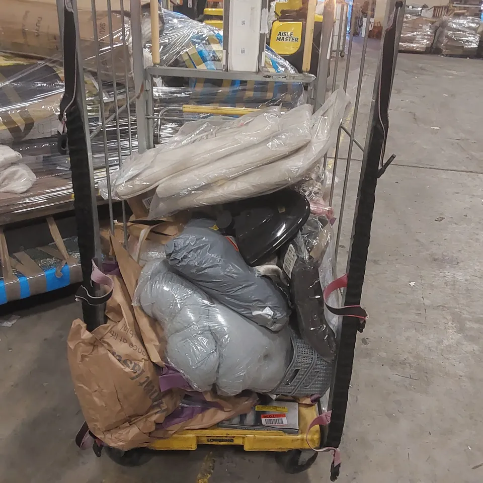 CAGE CONTAINING ASSORTED CONSUMER PRODUCTS INCLUDING: CURTAINS, SEAT CUSHIONS ECT - CAGE NOT INCLUDED 