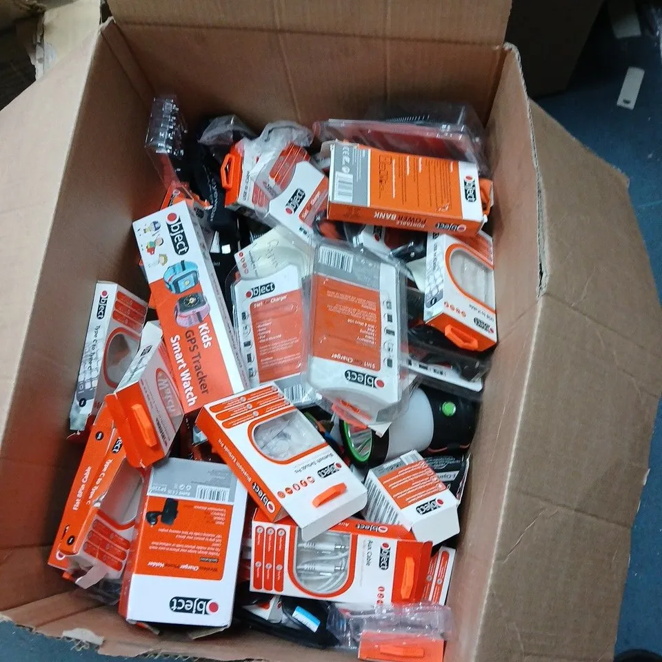 BOX OF APPROXIMATELY 50 ASSORTED ITEMS INCLUDING KIDDIES HEADPHONES , 5 IN 1 CAR CHARGER  AND COB HEAD TORCH 