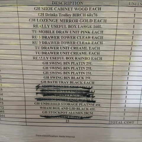 PALLET OF APPROXIMATELY 18 ASSORTED PRODUCTS TO INCLUDE; SHOE CABINET, DRINKS TROLLEY, LOZENGE MIRROR, REALLY USEFUL STORAGE BOXES, MOBILE DRAWER UNIT AND SWING BIN