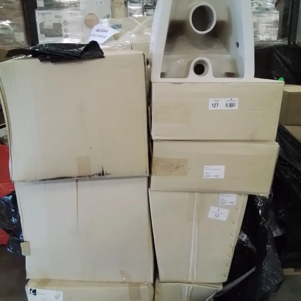 PALLET OF APPROXIMATELY 18 BOXED BATHROOM ITEMS, INCLUDING , TULSA CERAMIC BASINS, AURORA BTW WC PANS, 
