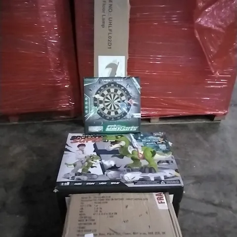 PALLET OF HOUSEHOLD ITEMS TO INCLUDE LED FLOOR LAMP, CRAZY DARTS, DINOSAUR SCOOTER,TRUNKI AND OTHER ASSORTED ITEMS...