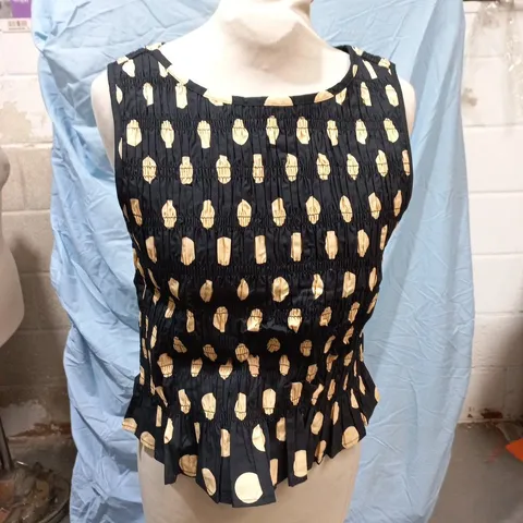NEXT PETITE SLEEVELESS TOP – NAVY WITH BEIGE CIRCLE PRINT, UK 14P