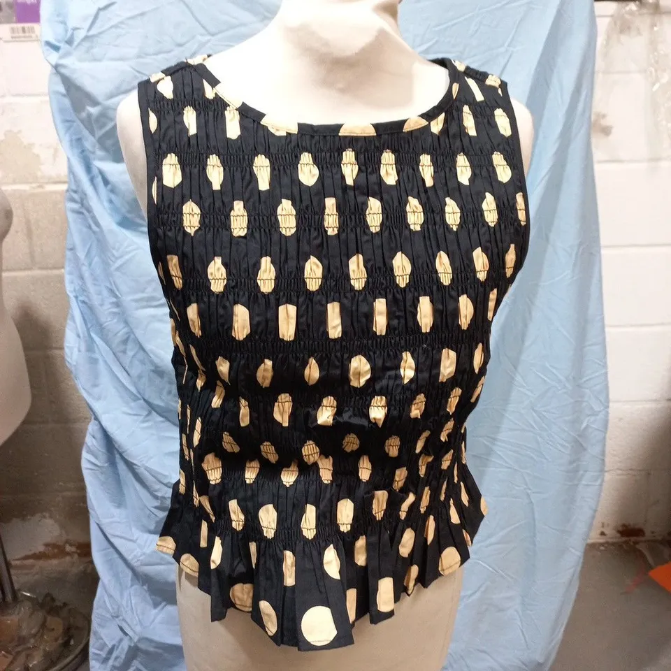 NEXT PETITE SLEEVELESS TOP – NAVY WITH BEIGE CIRCLE PRINT, UK 14P