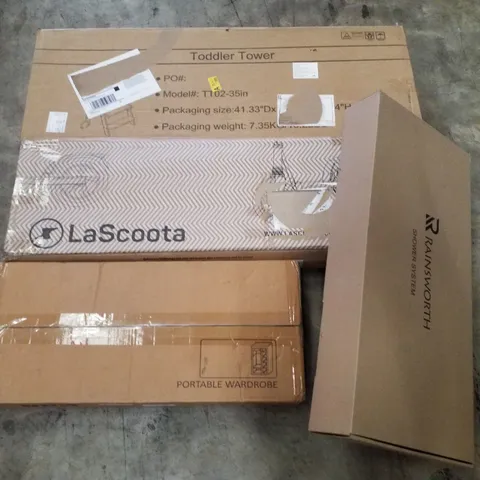 PALLET CONTAINING ASSORTED PRODUCTS INCLUDING TODDLER TOWER, SCOOTER, PORTABLE WARDROBE & SHOWER SYSTEM
