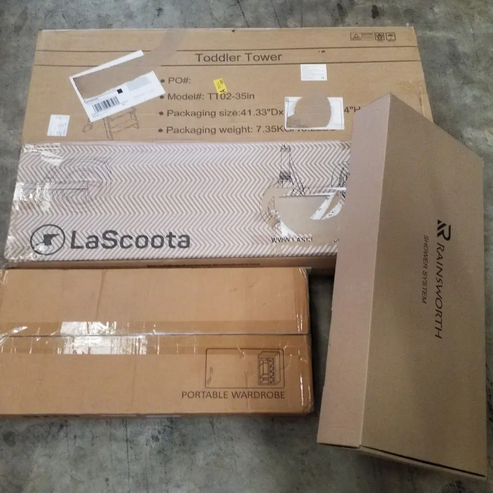 PALLET CONTAINING ASSORTED PRODUCTS INCLUDING TODDLER TOWER, SCOOTER, PORTABLE WARDROBE & SHOWER SYSTEM