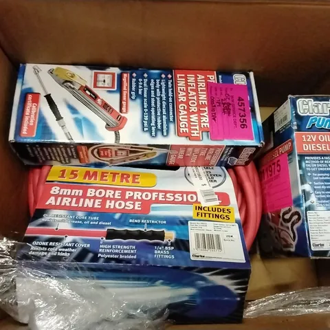 BOX TO CONTAIN ASSORTED TOOLS AND PRODUCTS TO INCLUDE;AIRLINE TYRE GAUGE,OIL AND DIESEL PUMP,AIRLINE HOSE