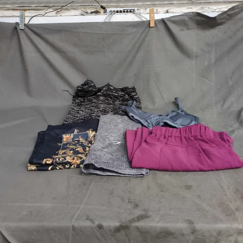 BOX OF APPROXIMATELY 25 ASSORTED CLOTHING ITEMS INCLUDING GREY GYM SHORTS, BLUE AND GOLD PATTERNED SCARF, GREY SPORTS BRA, BLACK AND WHITE JUMPER AND PURPLE LADIES TROUSERS