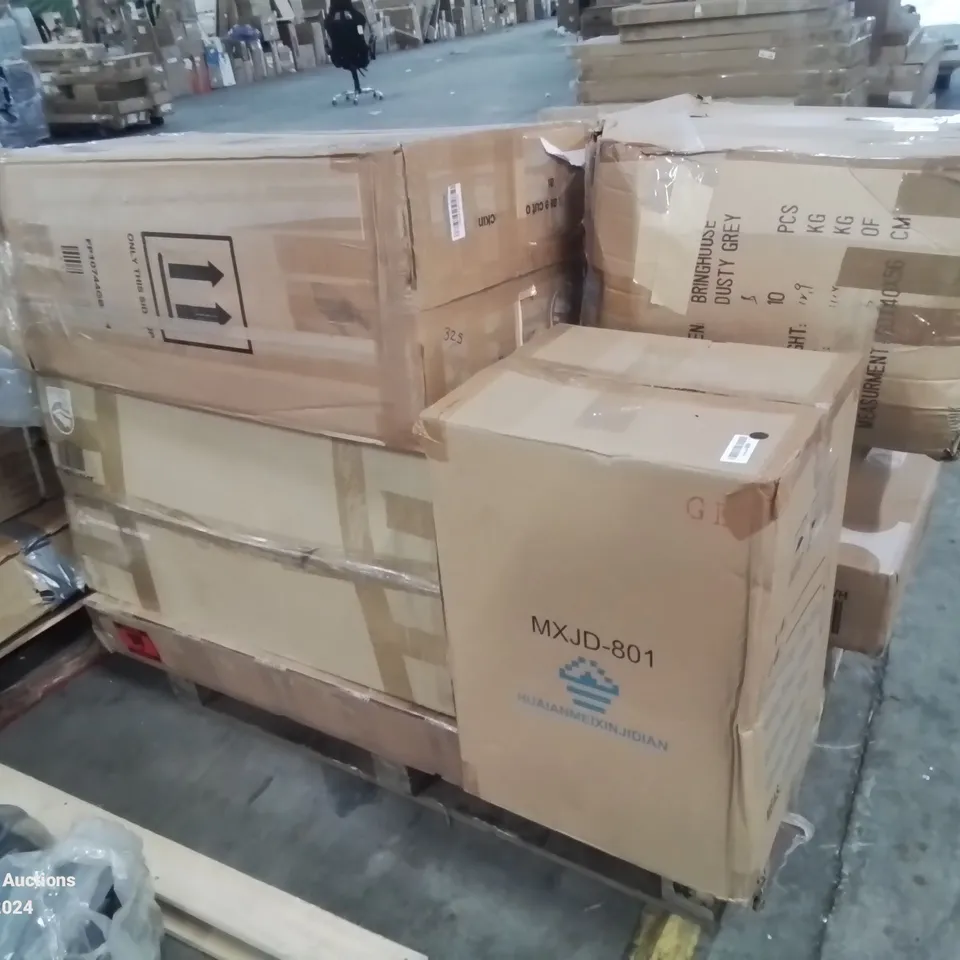 PALLET CONTAINING VARIOUS INCOMPLETE BOXED FURNITURE PARTS AND OTHER HOUSEHOLD ITEMS ETC.