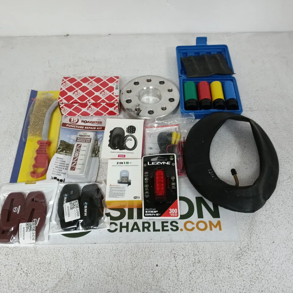 LOT OF ASSORTED AUTO AND VEHICLE ITEMS TO INCLUDE EBI BLISTEN TIE ROD END, PUNCTURE REPAIR KIT AND INNER TUBE AND SOCKET SET