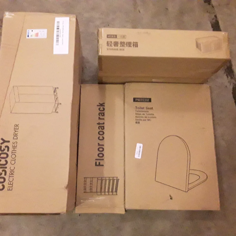 PALLET OF ASSORTED PRODUCTS INCLUDING TOILET SEAT, FLOOR COAT RACK, STORAGE BOX, ELECTRIC CLOTHES DRYER, OLARHIKE DOUBLE HIGH AIR MATTRESS 