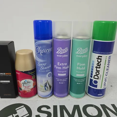 APPROXIMATELY 15 ASSORTED AEROSOLS TO INCLUDE HAIRSPRAY , AIR FRESHENER AND UPVC CLEANER