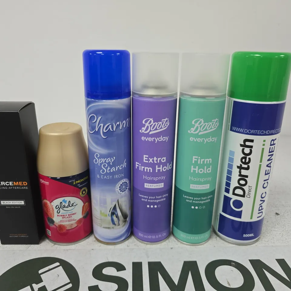 APPROXIMATELY 15 ASSORTED AEROSOLS TO INCLUDE HAIRSPRAY , AIR FRESHENER AND UPVC CLEANER 