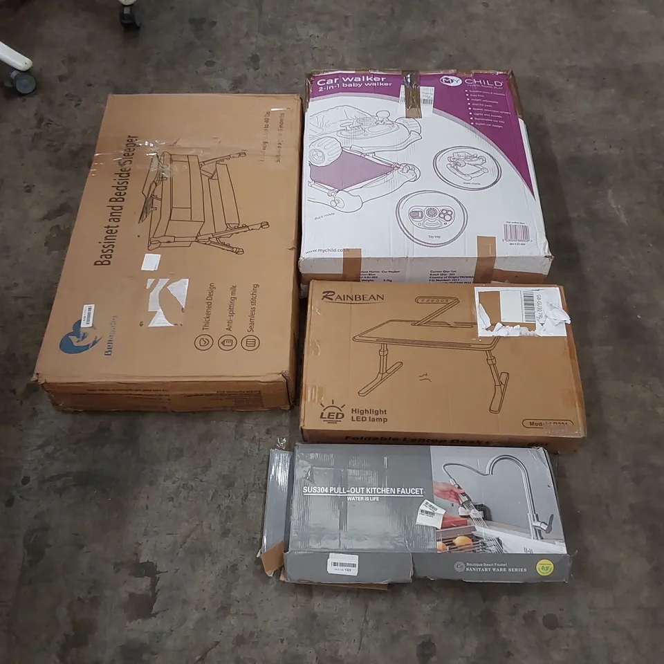 PALLET OF ASSORTED HOUSEHOLD ITEMS AND CONSUMER PRODUCTS TO INCLUDE; BEDSIDE SLEEPER CRIB, KITCHEN FAUCET, LAPTOP STAND, BABY WALKER, BOXED FURNITURE ETC 