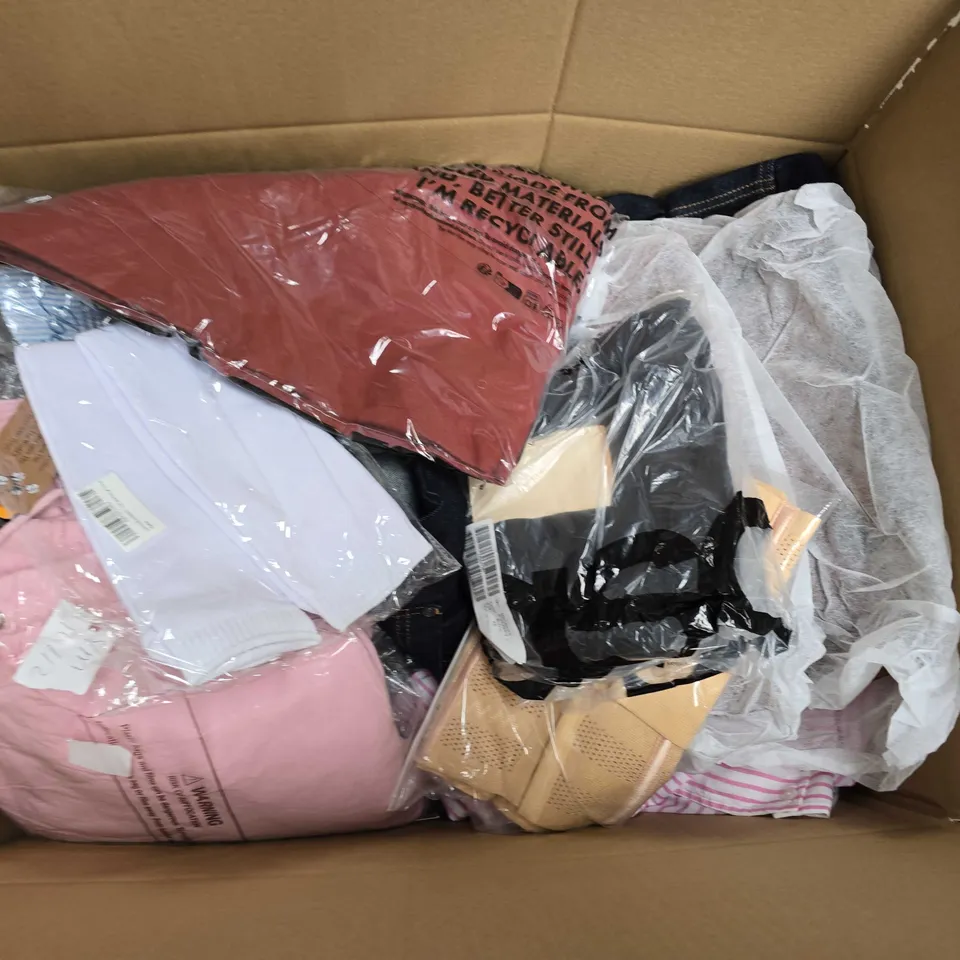 LARGE BOX OF APPROXIMATELY 20 ASSORTED CLOTHING ITEMS IN VARIOUS SIZES, STYLES AND COLOUR 