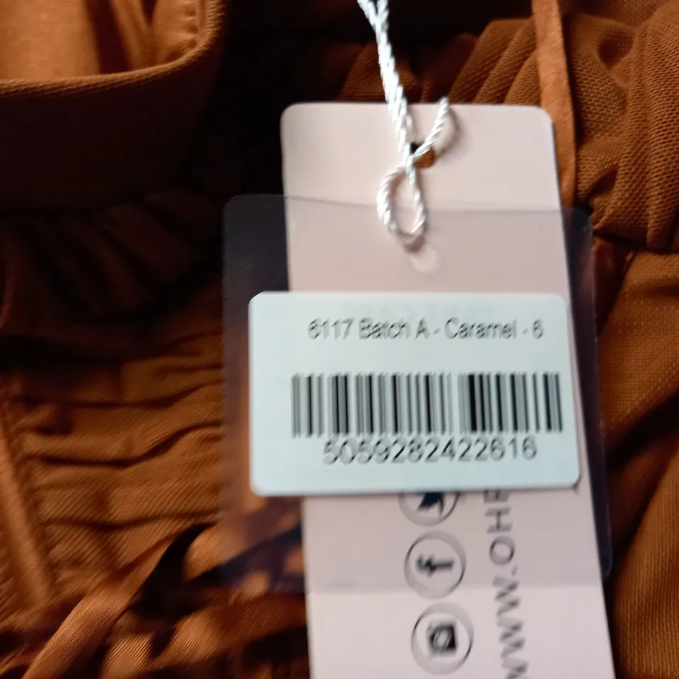 OH POLLY RUCHED DRESS WITH SLEEVES - CARAMEL SIZE 6