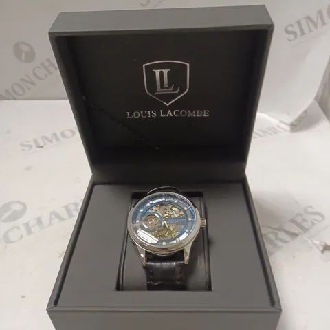 MENS LOUIS LACOMBE AUTOMATIC WATCH – SKELETON DIAL – GLASS EXHIBITION BACK CASE – LEATHER STRAP