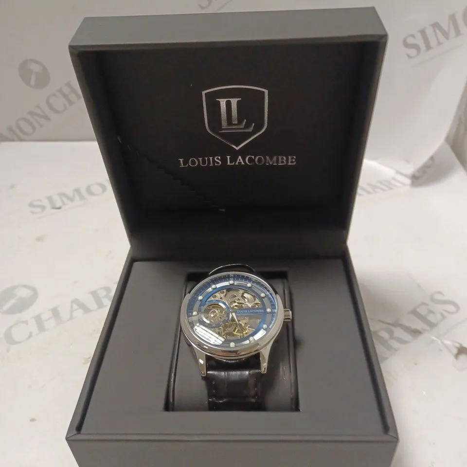MENS LOUIS LACOMBE AUTOMATIC WATCH – SKELETON DIAL – GLASS EXHIBITION BACK CASE – LEATHER STRAP