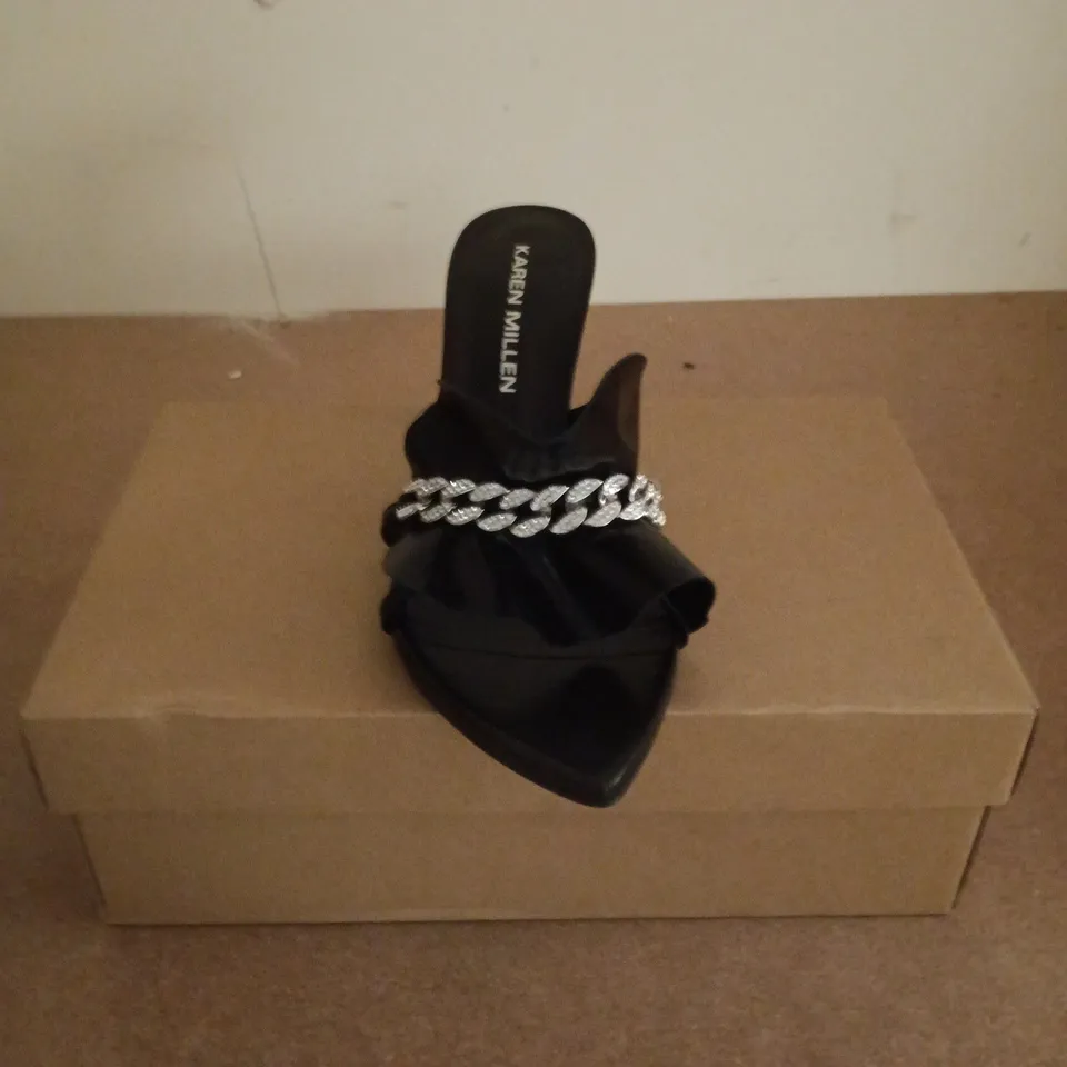 BOXED PAIR OF KAREN MILLEN LEATHER JEWELLED RUCHED LOW HEELS IN BLACK - SIZE 38