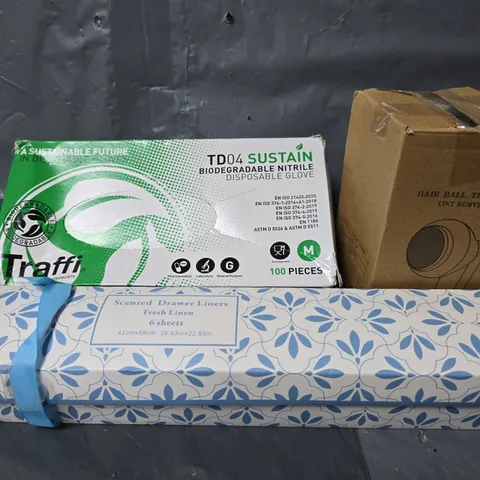 BOX OF APPROXIMATELY 15 ASSORTED ITEMS TO INCLUDE - TD04 DISPOLABLE GLOVES , HAIR BALL TRIMMER , SCENTED DRAWERS LINERS ETC