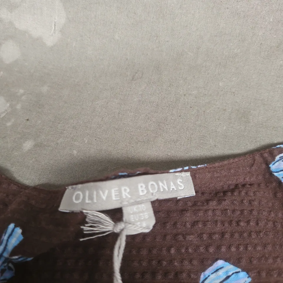 OLIVER BONAS DRESS – BROWN WITH BLUE FLORAL PRINT UK 10