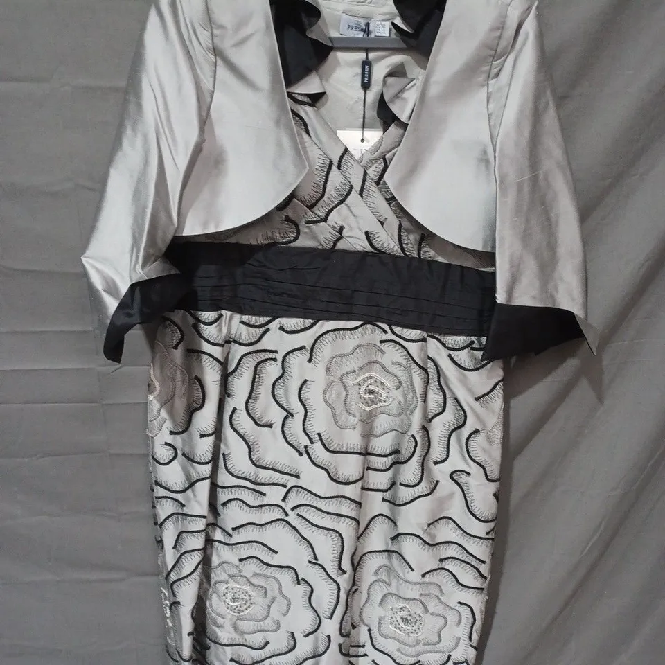 PRESEN 2 PIECE BOLERO JACKET & FLORAL DRESS IN GREY/BLACK - UK 20