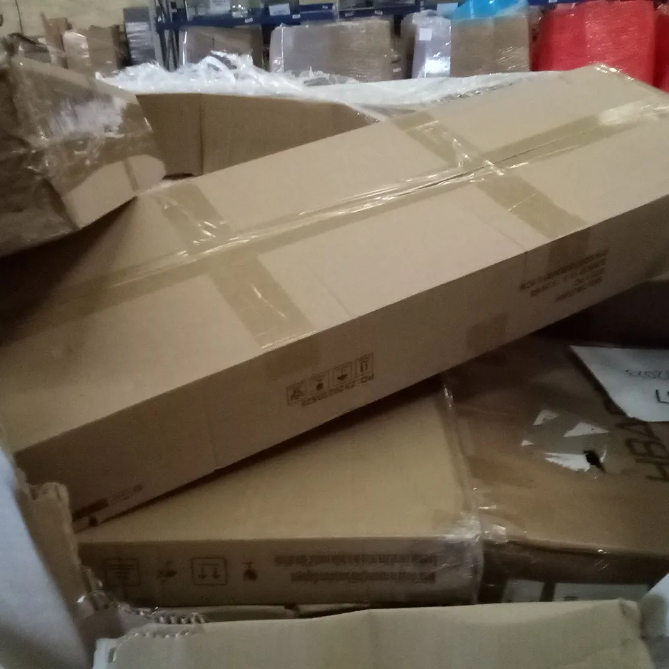 PALLET OF ASSORTED ITEMS INCLUDING SLIDING FULL MOTION TV WALL MOUNT, CLOTHES DRYING RACK, POP UP TENT, HBADA OFFICE CHAIR