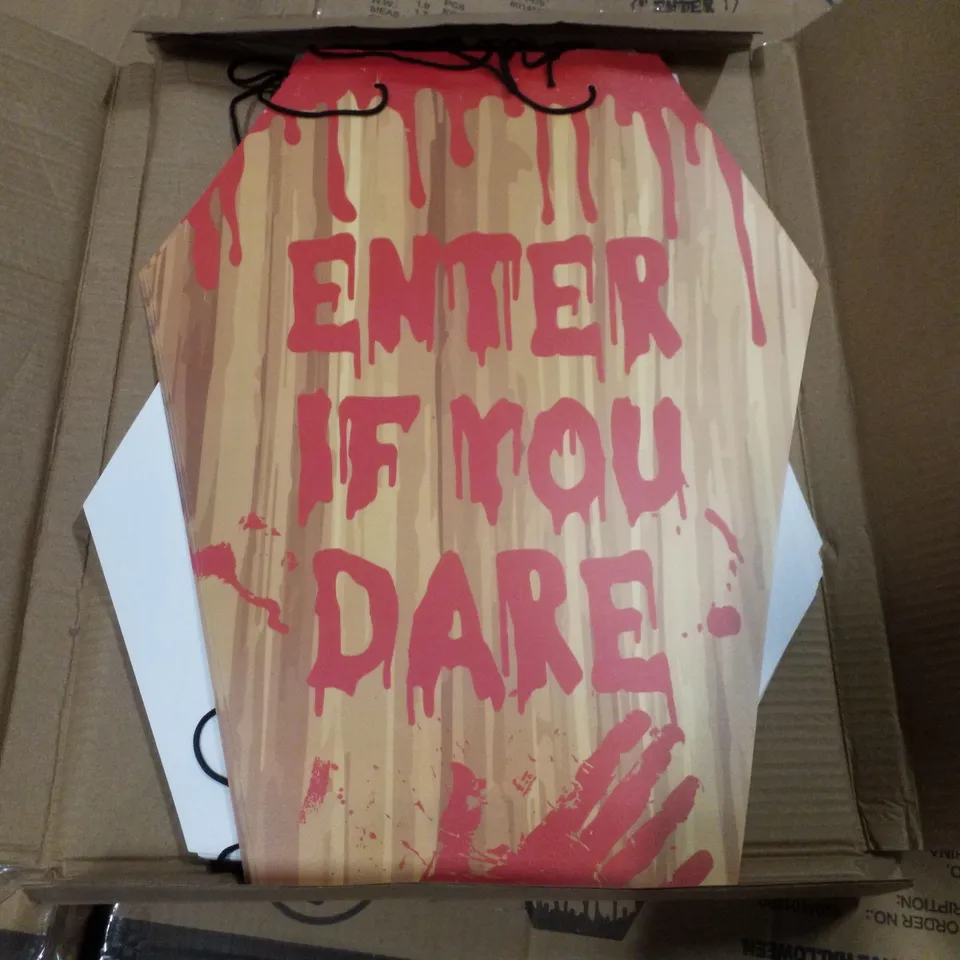 PALLET CONTAINING APPROXIMATELY 88 BOXES OF 24 BRAND NEW HALLOWEEN DECORATIVE "ENTER IF YOU DARE" SIGNS