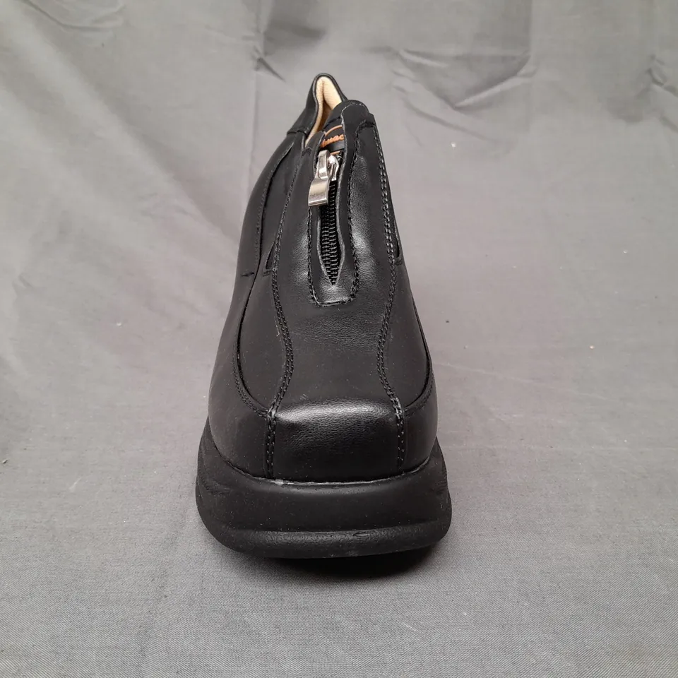 BOXED PAIR OF AUROCHS PLATFORM WEDGE SHOES IN BLACK EU SIZE 36