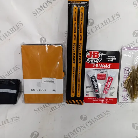 BOX OF APPROXIMATELY 12 ASSORTED ITEMS TO INCLUDE - TOUGH MASTER HACKSAW BLADE - J-B WELDING - NOTEBOOK ECT