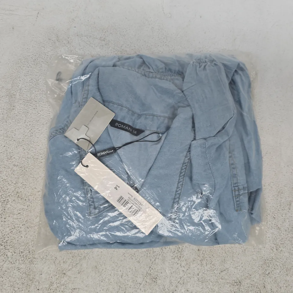 BAGGED ROMAN BUTTON SHIRT DRESS IN BLUE SIZE 14