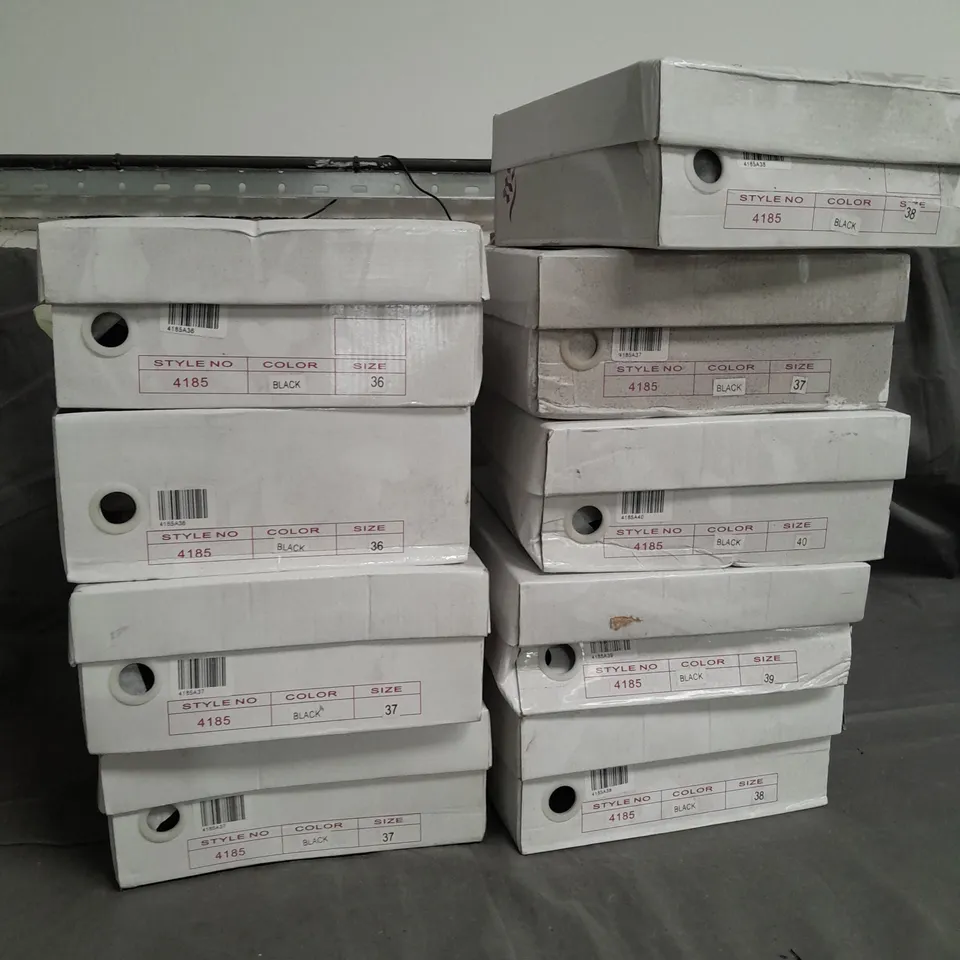 APPROXIMATELY 10 BOXED PAIR OF BLACK HEELED OPEN TOE SHOES IN VARIOUS SIZES TO INCLUDE SIZE 38EU 
