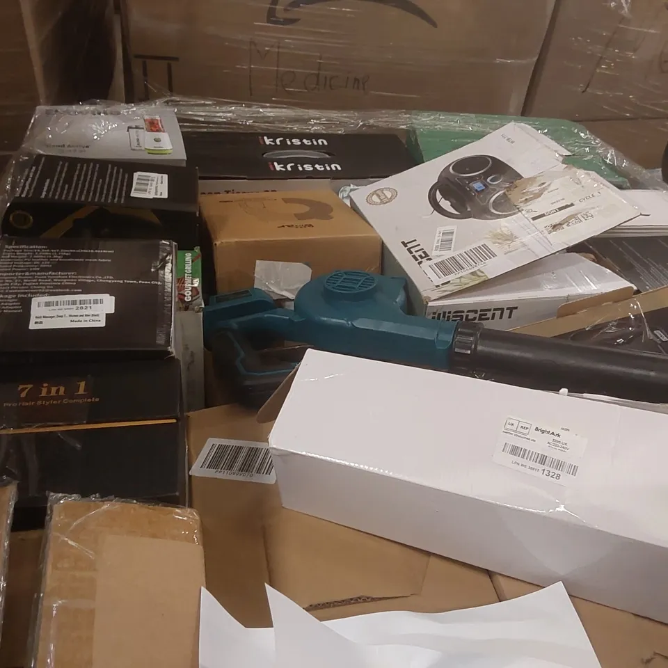 PALLET CONTAINING A VERY LARGE QUANTITY OF ASSORTED ITEMS INCLUDING: BOOM BOX, PORTABLE DEHUMIDIFIER, TOWER FAN LIGHT, WATER DISPENSER, NECK MASSAGER ECT