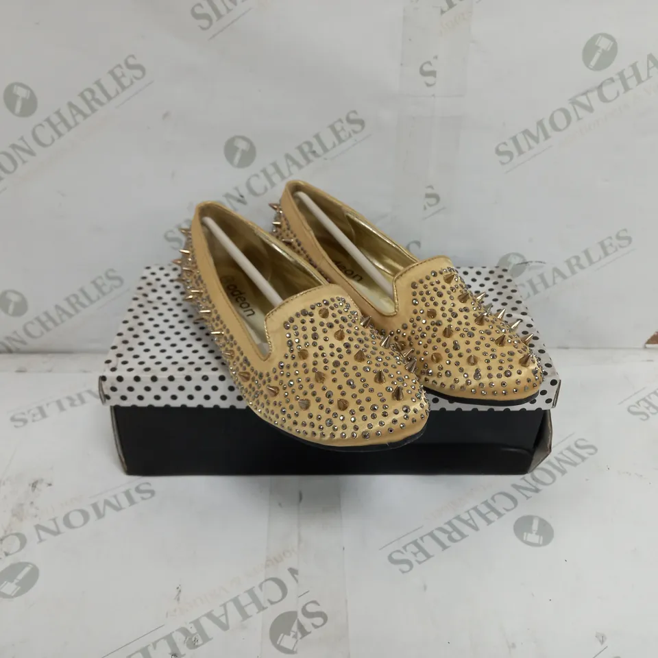 APPROXIMATELY 12 BOXED PAIRS OF ODEON FLATS  IN GOLD SATIN TO INCLUDE SIZES 3, 4