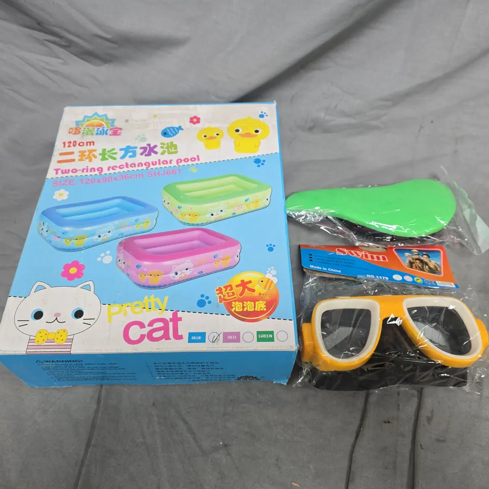 LARGE BOX OF APPROX 5 ASSORTED ITEMS TO INCLUDE SWIMMING POOLS, HAIR BRUSHES AND SHOWER SCRUBBERS