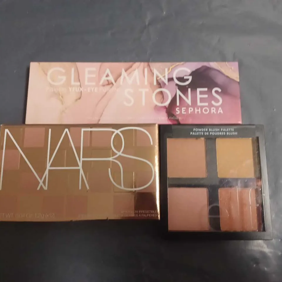 LOT OF 3 ASSORTED NARS EYESHADOW PALETTE, SEPHORA GLEAMING STONES PALETTE AND E.L.F. BLUSH PALETTE