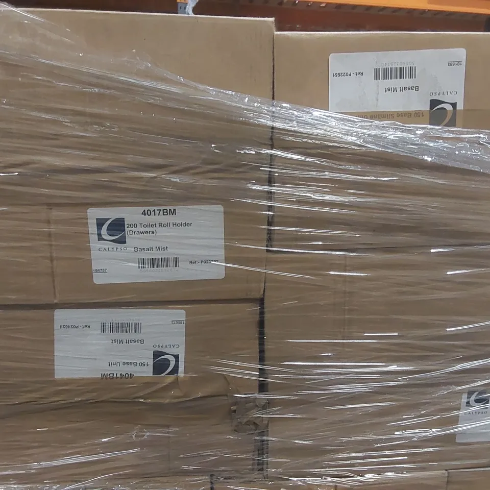 PALLET CONTAINING A LARGE QUANTITY OF ASSORTED BATHROOM FURNITURE PARTS INCLUDING: CALYPSO BASE UNITS, TOILET ROLL HOLDER CARCASSES ECT