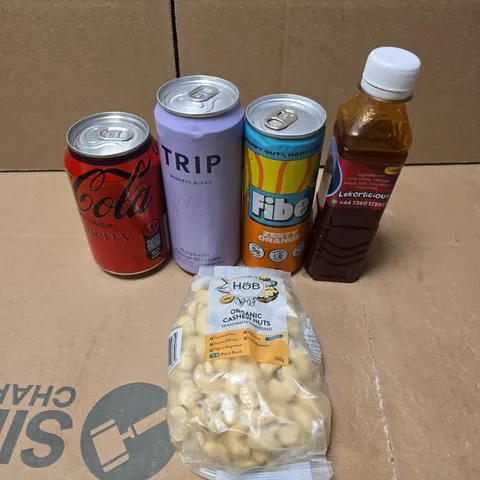 APPROXIMATELY 10 ASSORTED FOOD/DRINK PRODUCTS TO INCLUDE CASHEW NUTS, TRIP DRINK, CHILI SAUCE ETC 