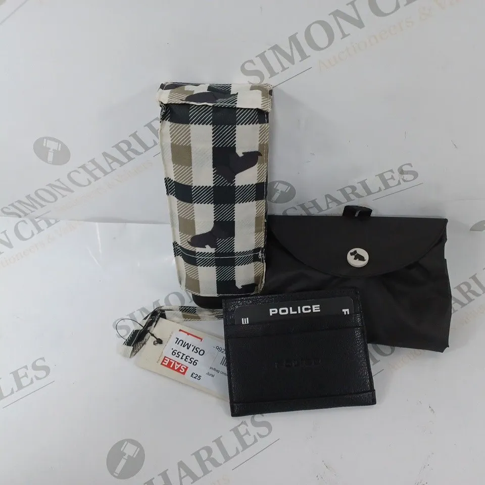 3 X DESIGNER ITEMS TO INCLUDE RADLEY UMBRELLA, RADLEY FOLDAWAY TOTE, AND POLICE CREDIT CARD WALLET 