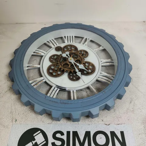 DECORATIVE INDUSTRIAL GEAR WALL CLOCK WITH BLUE RIM
