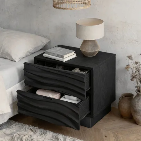BOXED SOLID WOOD NIGHTSTANDS WITH 2 DRAWERS, NO HANDLES FOR LIVING ROOM - BLACK