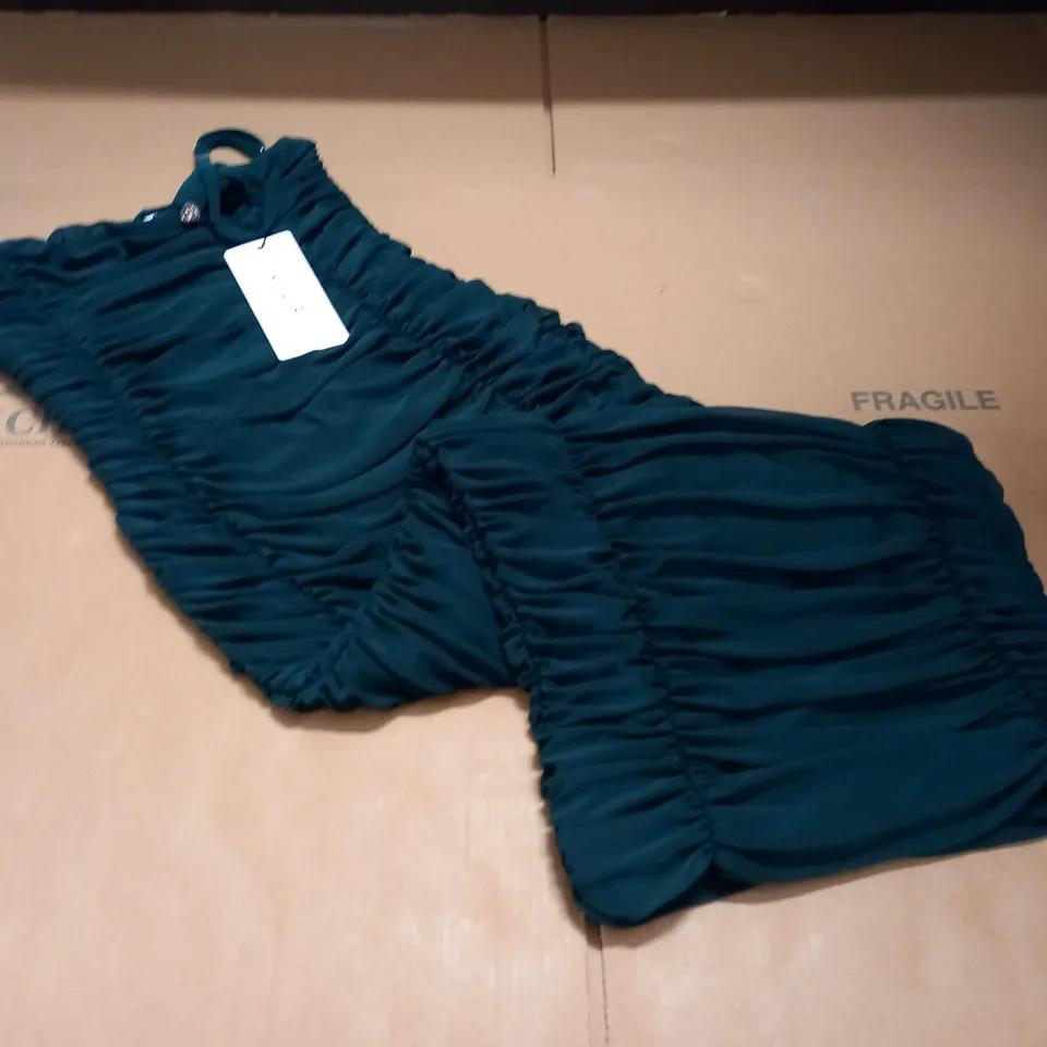 CLUB OF LONDON GREEN RUCHED MINI DRESS WITH SQUARE NECK - UK 10