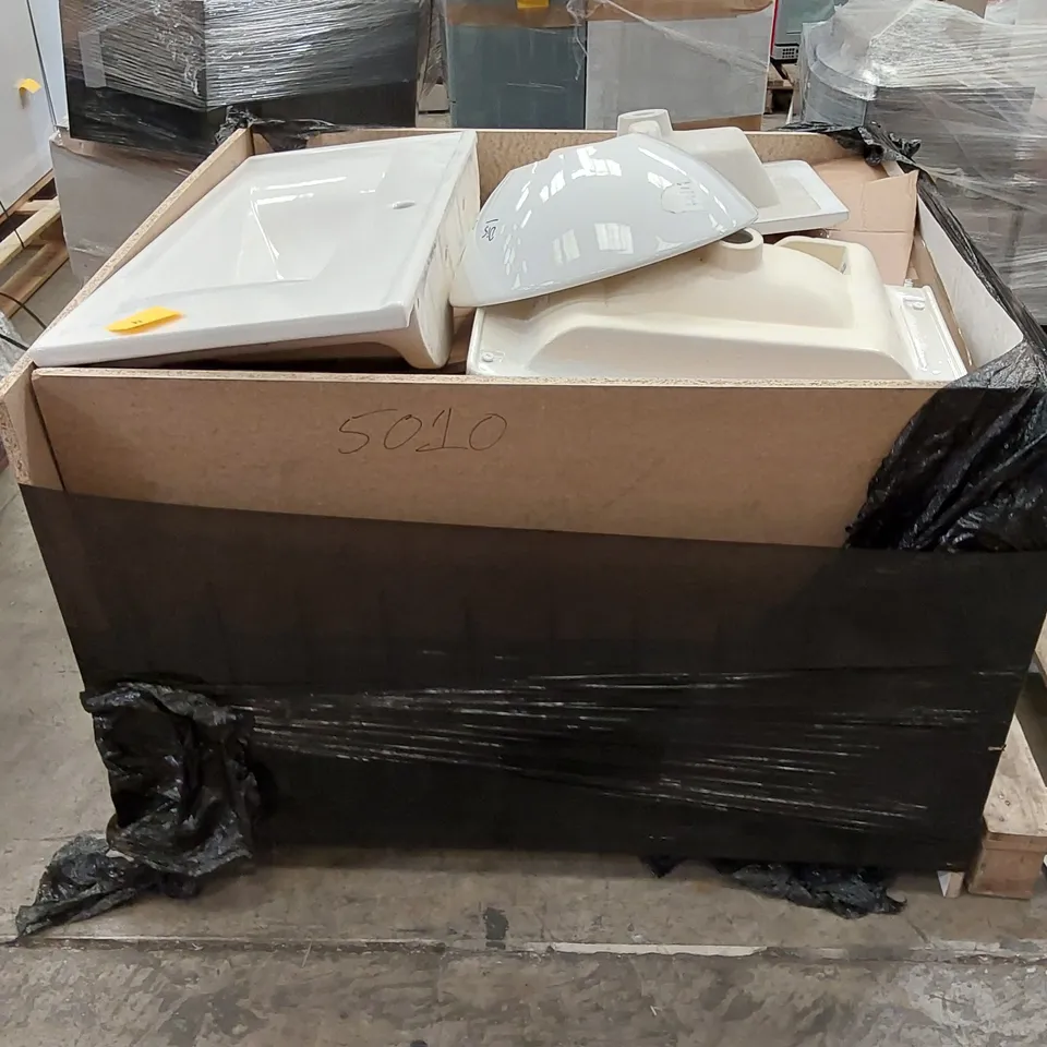 PALLET OF APPROX 15 X ASSORTED BATHROOM SINK BASINS. SIZES MAY VARY